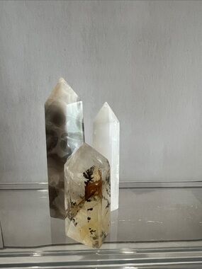 Set of Three Decorative Crystal Towers - White, Gray, Clear with Inclusions